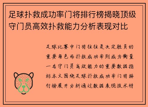 足球扑救成功率门将排行榜揭晓顶级守门员高效扑救能力分析表现对比